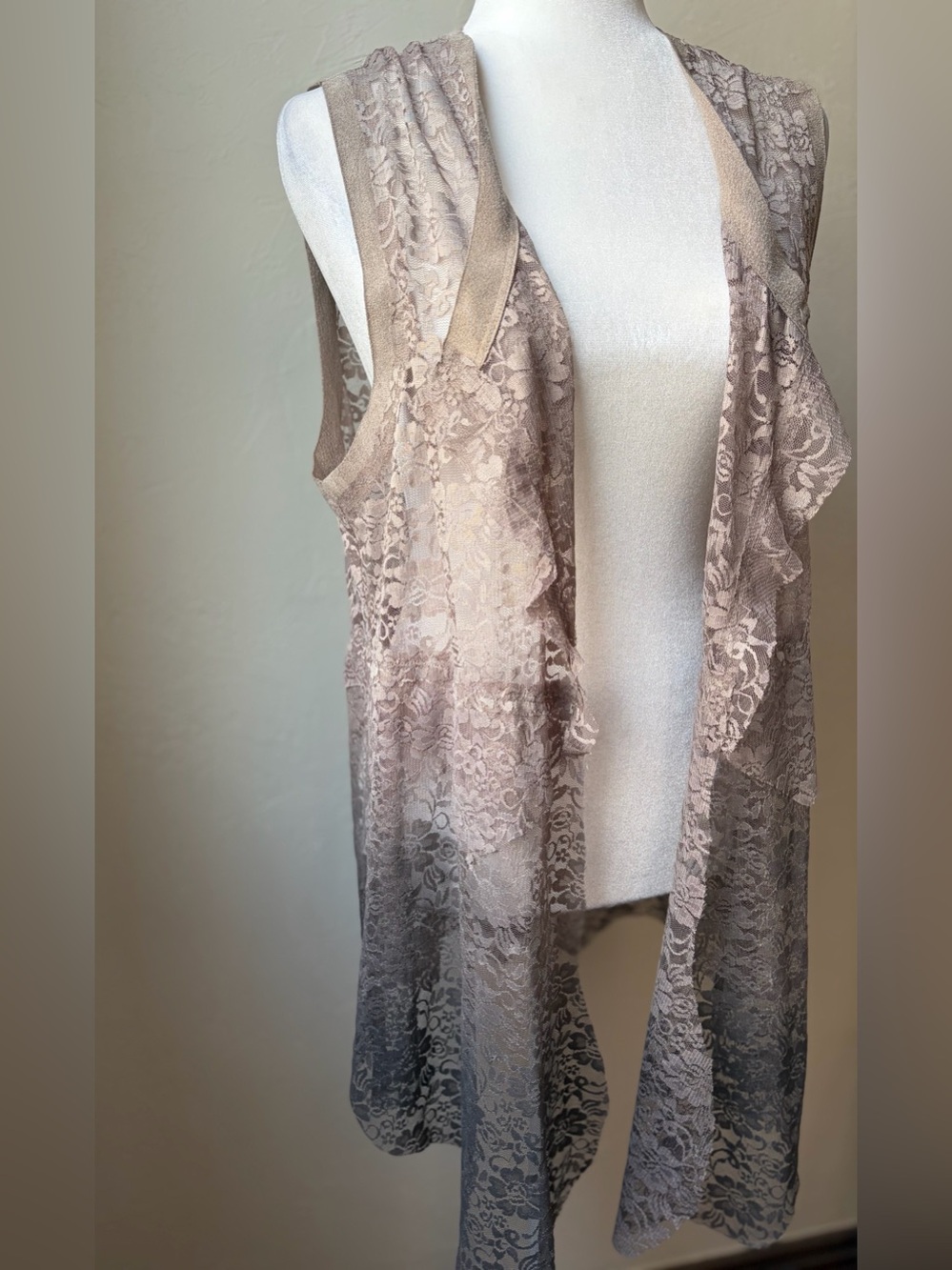 Voice of California Taupe Ombre Lace Open Front Duster Vest XL Boho - Picture 4 of 7